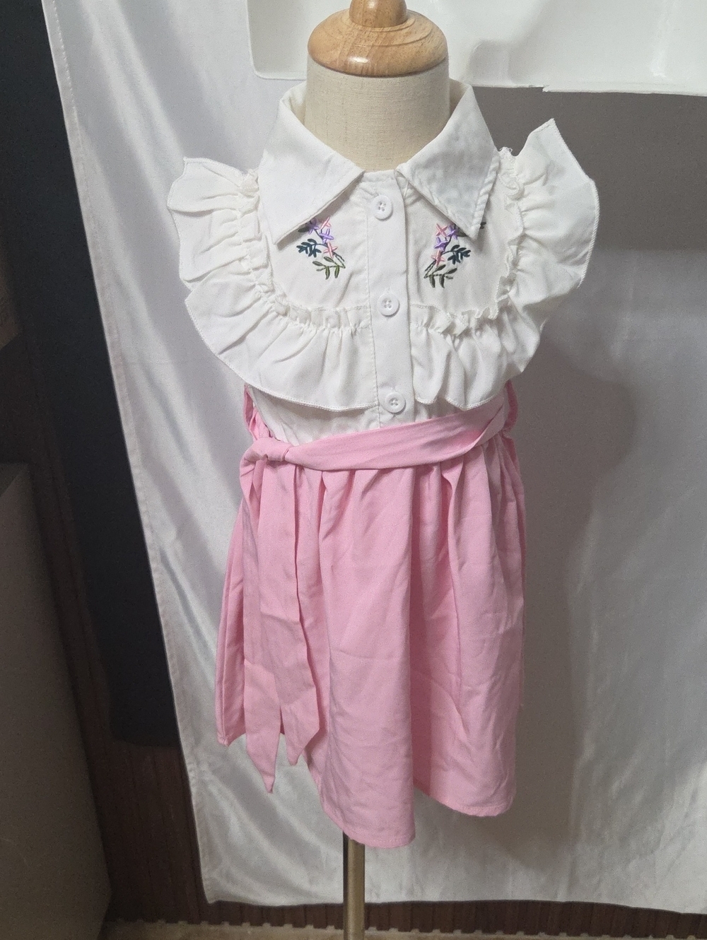Girls' Pink and White Ruffle Collar Dress